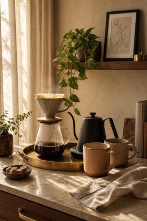 11 Striking Luxury Coffee Bar Ideas to Start Your Day 13 Luxury coffee bar vignette with brass tray, ceramic pour-over set, and handmade stoneware mugs on a honed marble countertop in warm golden morning light.
