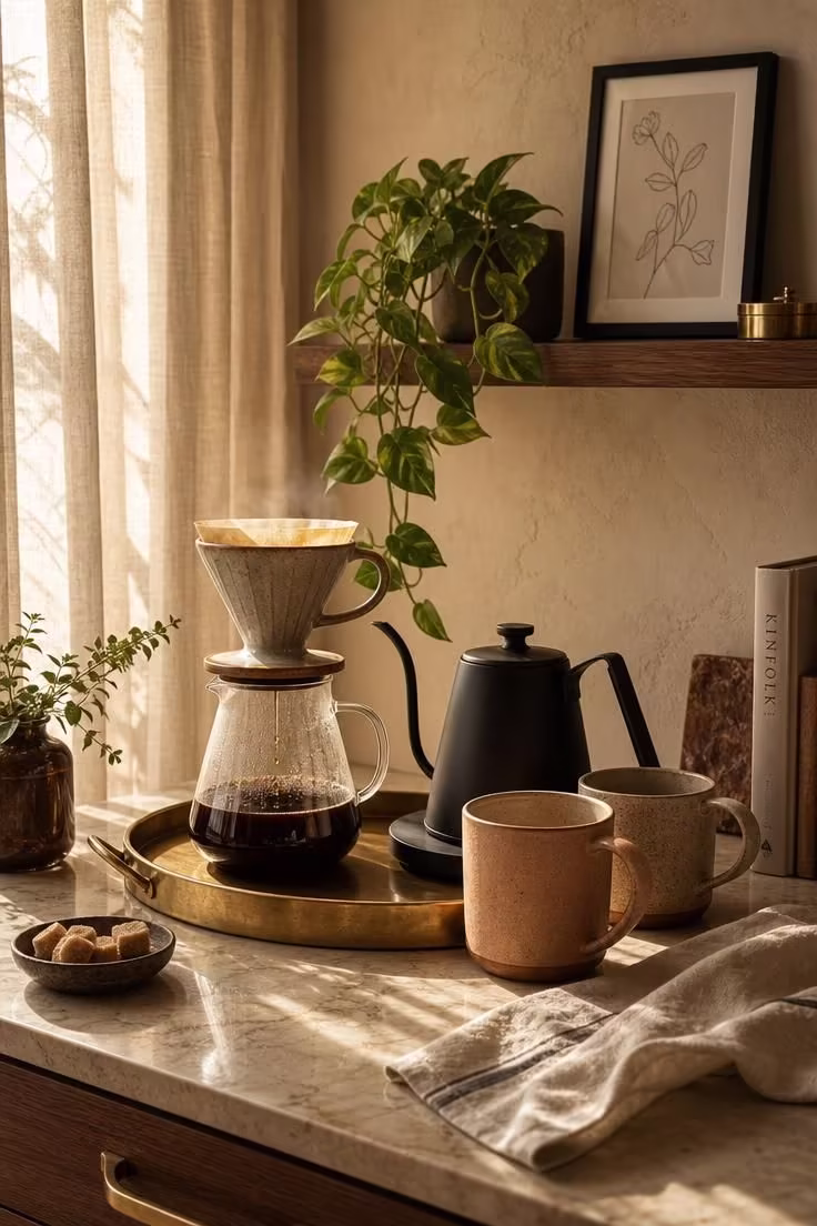 Simple Spaces 16 Luxury coffee bar vignette with brass tray, ceramic pour-over set, and handmade stoneware mugs on a honed marble countertop in warm golden morning light.