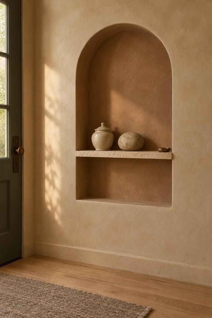 Shallow arched plaster niche with a slim travertine shelf holding a lidded ceramic jar and a rounded stone object, with a small brass dish, in a warm plaster entryway.