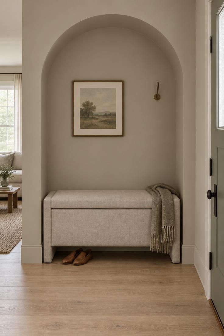 Matte putty arch alcove with a low upholstered storage bench, an off-center framed print, and a single wall hook, in a soft neutral entryway.