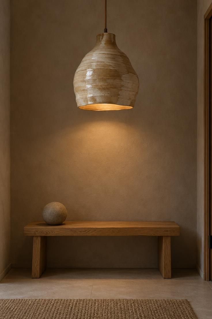 Oversized hand-thrown ceramic pendant glowing above a low oak bench with a single stone sphere in a sparse, bare-walled entryway.