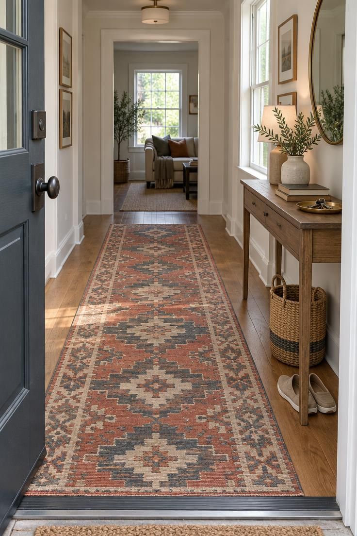 Long flat-weave runner rug in a faded geometric terracotta and charcoal pattern stretching from a front door past a narrow console in a bright entry hall.