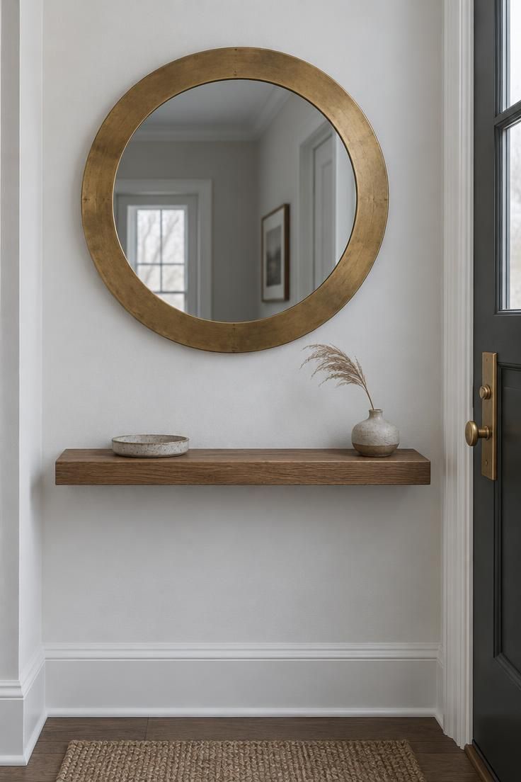 Large round mirror with a wide unlacquered brass frame above a narrow floating shelf holding a tray and dried grass, on a pale wall.