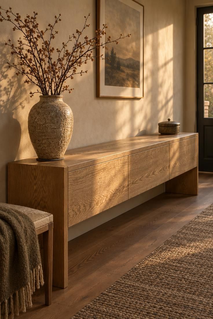 Long white oak console with a large textured ceramic vase holding dried branches and a small lidded box at one end, center left empty.
