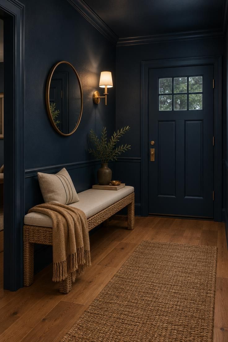 Deep ink blue entryway with walls, trim, and ceiling all painted blue, a woven bench with a cream cushion, a small brass-framed round mirror, and a warm wall sconce.