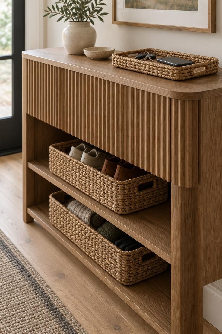 Fluted wood console with a woven tray holding keys and a phone on top, and two woven baskets on open shelves below, against a warm white wall.