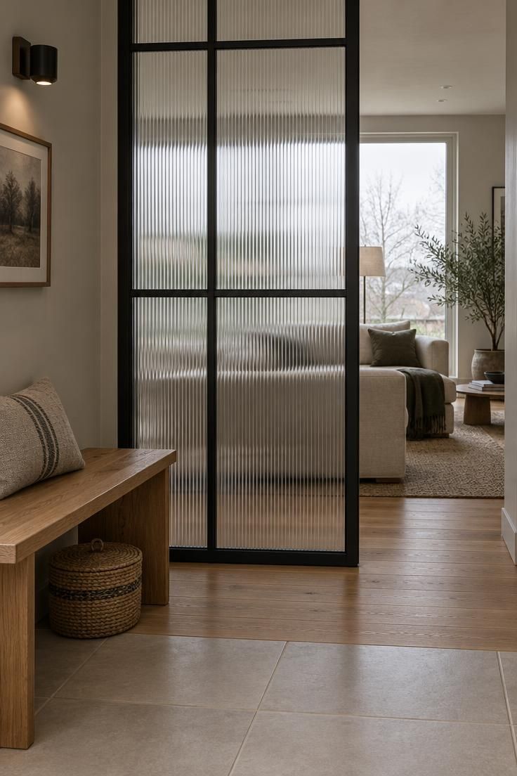 Black steel-framed partition with reeded glass standing between an entry and a living space, with a low oak bench and a lidded basket on the entry side.