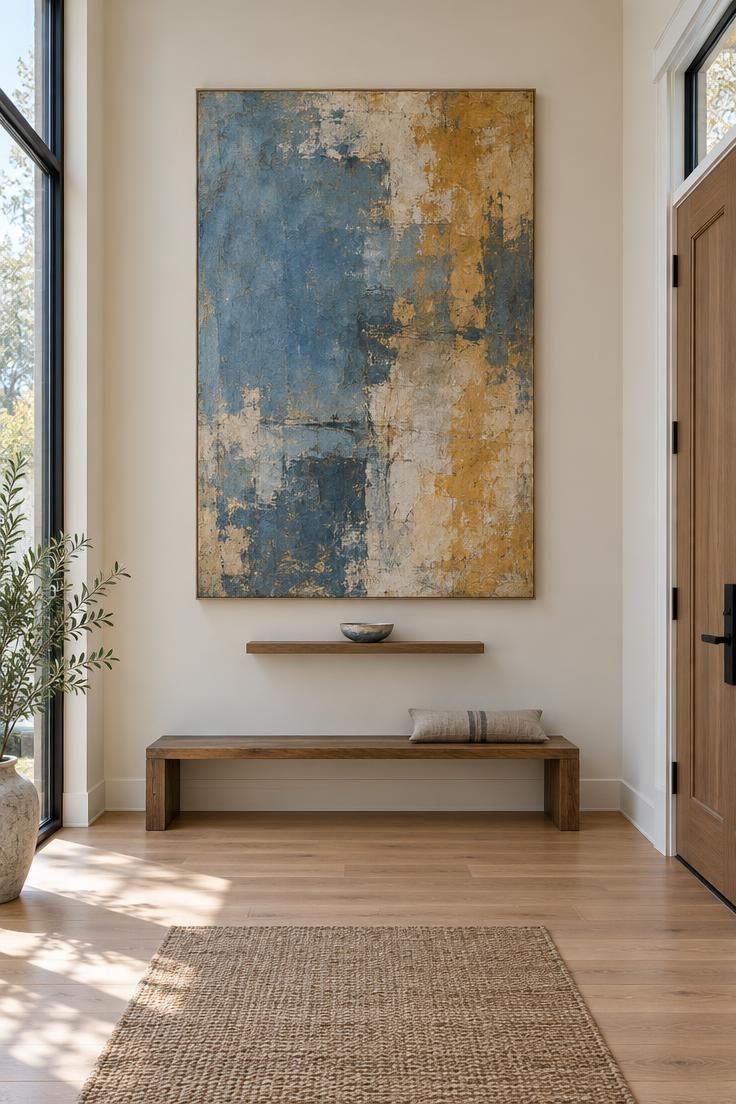 Oversized abstract canvas in muted blue and ochre above a very low wooden bench and a small floating ledge with one ceramic dish, in a tall entryway with empty walls.