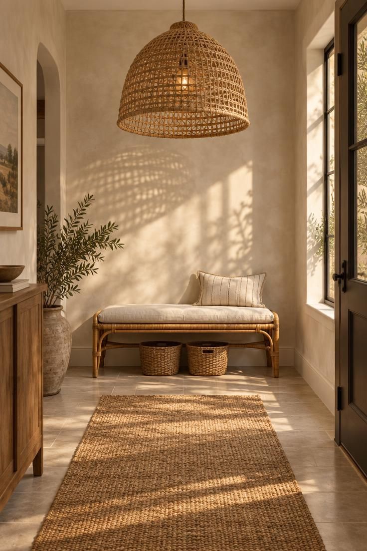 Open-weave natural pendant hanging over a rattan bench with a cream cushion and slim baskets beneath, on a jute runner against a warm white limewash wall.