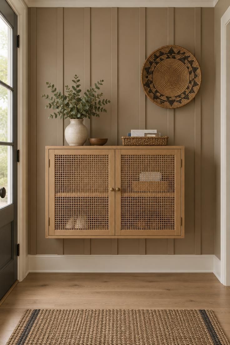 Clay-toned vertical paneled wall with a floating cane-door cabinet above the floor and a round woven wall basket to one side, in a light oak-floored entryway.