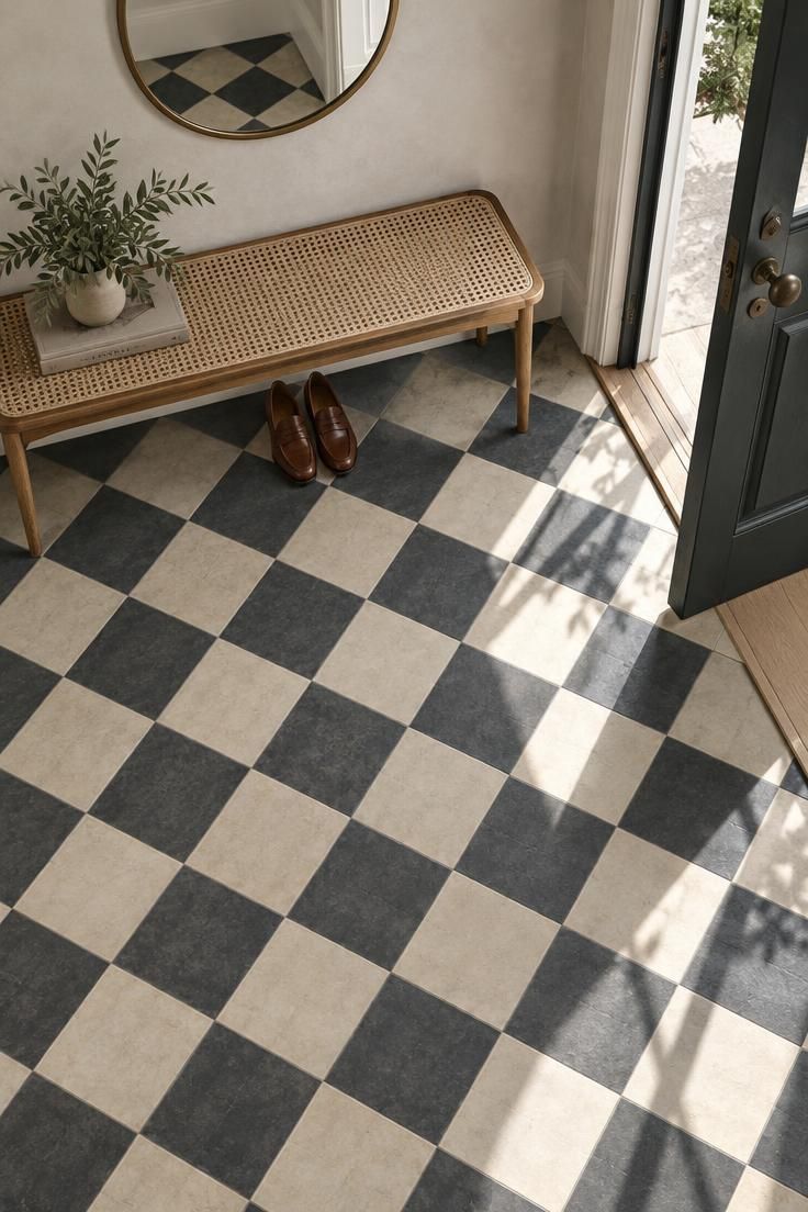 Overhead view of a cream and charcoal checkered tile entry floor with a slim cane bench, a pale plaster wall, and a small round mirror above.