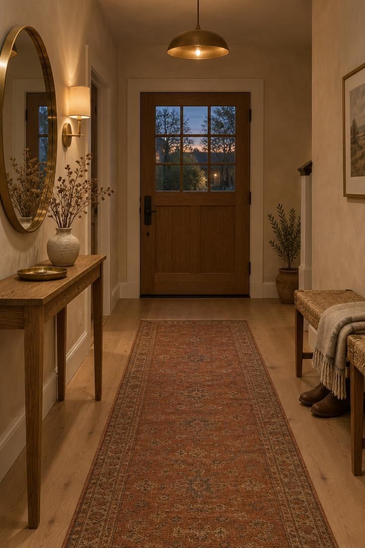Simple Spaces 25 Cozy residential entryway at dusk with an oak console, brass-framed round mirror, terracotta runner, woven bench with a throw, and soft glowing sconce and pendant against warm plaster walls.
