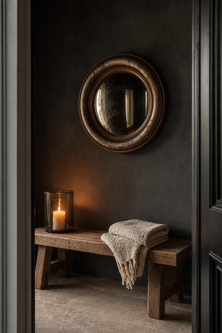 10 Muted Palettes for Luxury Fall Decor You'll Love 1 Dark charcoal entry wall with tarnished bronze mirror above a raw oak bench holding a folded bone wool throw and one lit candle in a smoked glass hurricane.