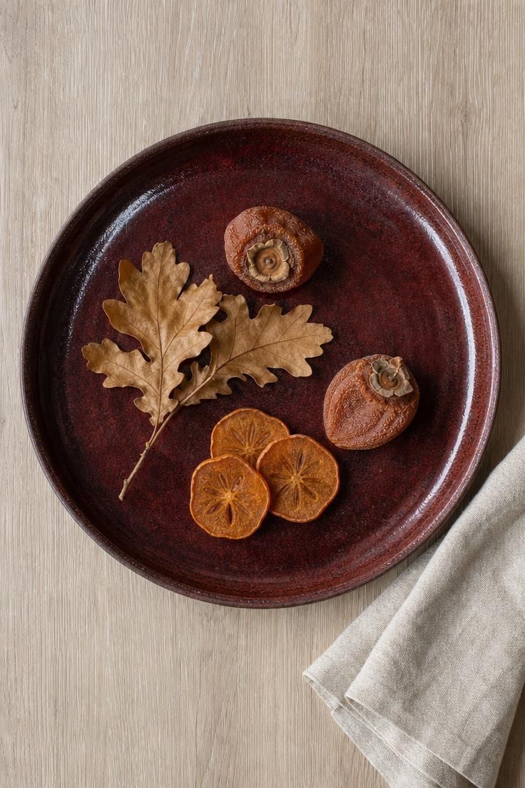 10 Muted Palettes for Luxury Fall Decor You'll Love 2 Overhead view of a hand-thrown oxblood charger holding dried persimmons and a preserved oak leaf on a limed oak dining table with an oat linen napkin nearby.