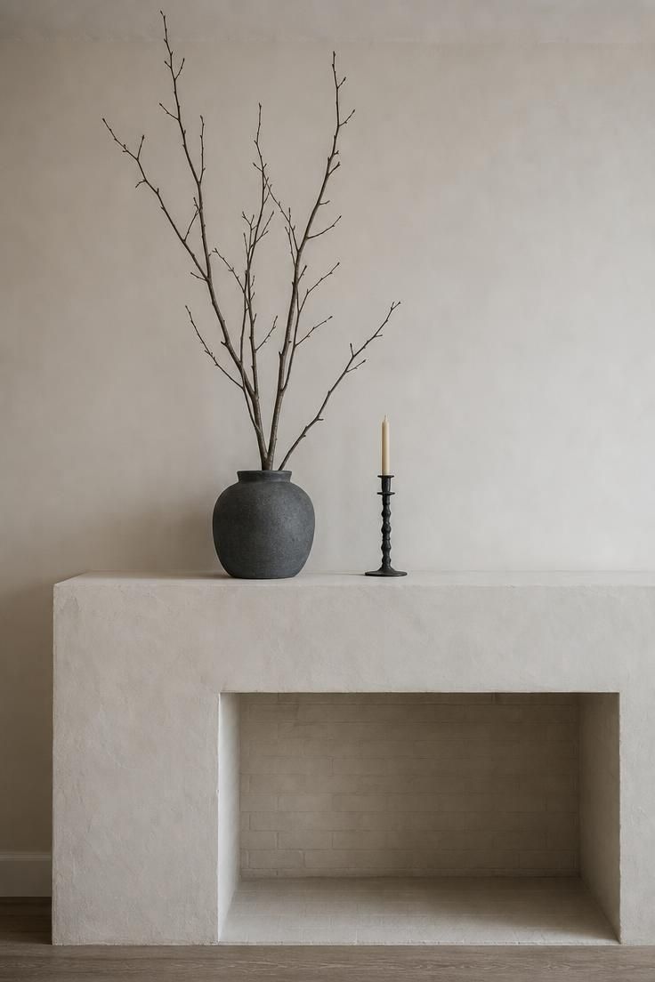 10 Muted Palettes for Luxury Fall Decor You'll Love 3 Slate-gray stoneware vessel with tall bare maple branches on a raw plaster mantel beside an iron candlestick with a beeswax taper.