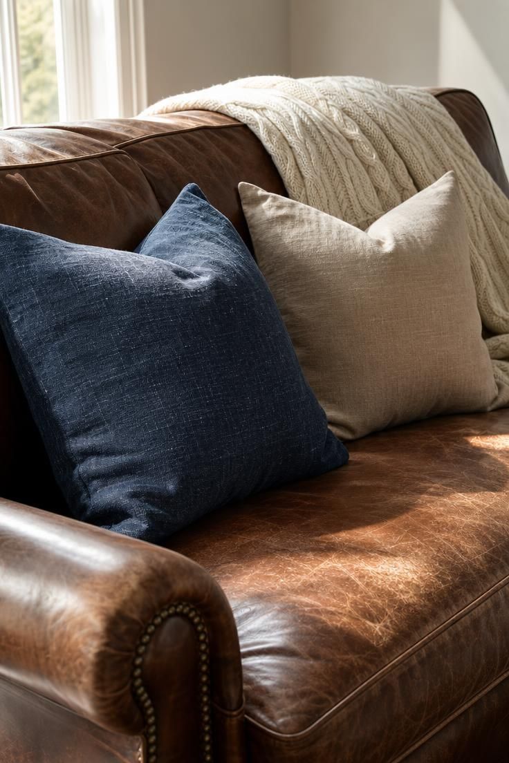 10 Muted Palettes for Luxury Fall Decor You'll Love 4 Saddle leather sofa with washed-linen pillows in faded indigo and mushroom and an undyed cream cable-knit throw in bright midday light.
