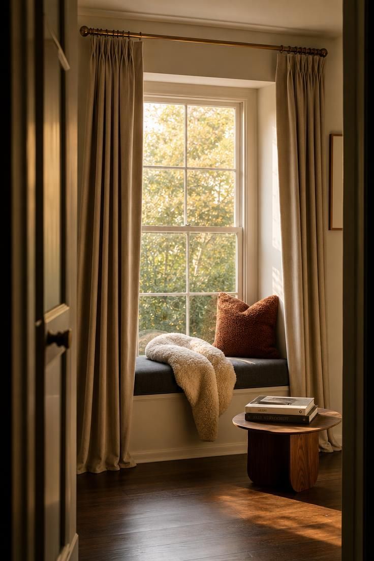 10 Muted Palettes for Luxury Fall Decor You'll Love 6 Oatmeal velvet curtains framing a charcoal linen window seat with a rust boucle pillow and cream shearling throw in warm golden afternoon light.