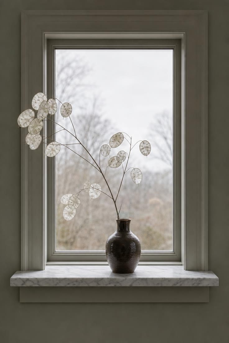 10 Muted Palettes for Luxury Fall Decor You'll Love 7 Espresso ceramic vase with dried lunaria stems on a Carrara marble windowsill against a warm sage-gray wall in cool overcast light.