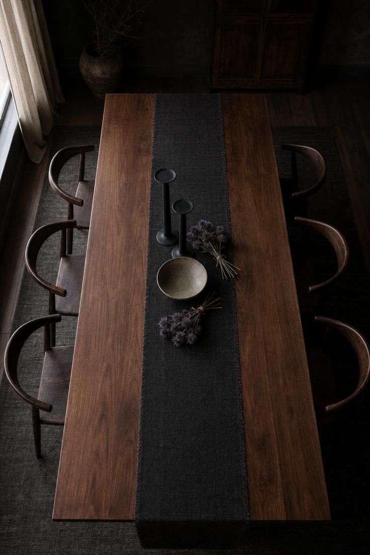 10 Muted Palettes for Luxury Fall Decor You'll Love 8 Overhead view of a walnut dining table with a charcoal hemp runner holding iron candleholders, a mushroom stoneware bowl, and dried thistle in low light.
