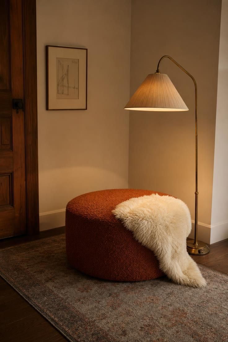 10 Muted Palettes for Luxury Fall Decor You'll Love 9 Rust wool bouclé ottoman with an ivory sheepskin under an oxidized brass floor lamp with a cream linen shade in a warm white room corner.