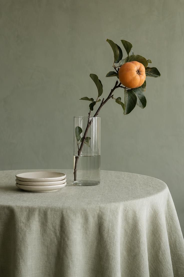 10 Muted Palettes for Luxury Fall Decor You'll Love 10 Pale sage linen tablecloth on a round table with a clear glass cylinder holding a quince branch and a stack of cream ceramic plates.