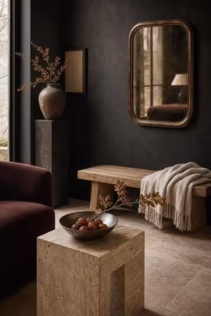 Quiet luxury fall decor vignette with a charcoal wall, bronze mirror, oak bench with wool throw, and pewter bowl with dried persimmons in warm low light.
