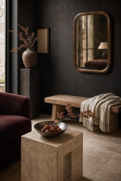 10 Muted Palettes for Luxury Fall Decor You'll Love Quiet luxury fall decor vignette with a charcoal wall, bronze mirror, oak bench with wool throw, and pewter bowl with dried persimmons in warm low light.