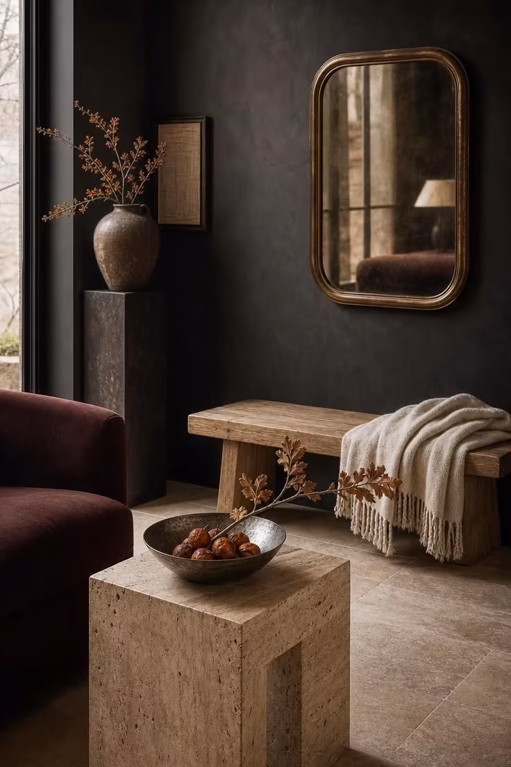 Simple Spaces 15 Quiet luxury fall decor vignette with a charcoal wall, bronze mirror, oak bench with wool throw, and pewter bowl with dried persimmons in warm low light.