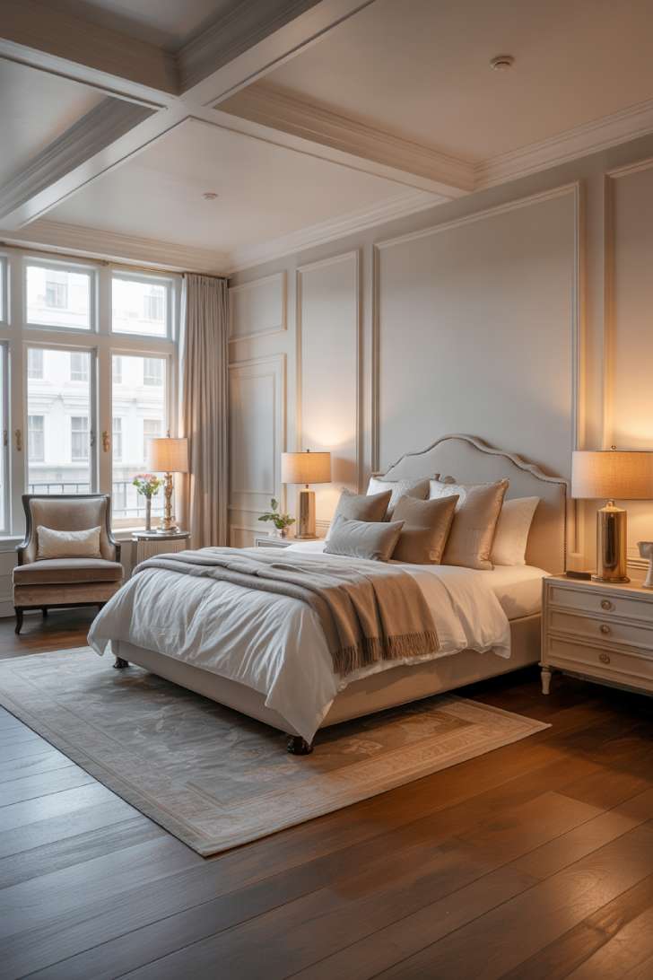 A king-size upholstered bed dressed in soft neutral tones with layered pillows, a cashmere throw, matching bedside lamps, a velvet armchair, and warm wooden flooring in a light-filled room