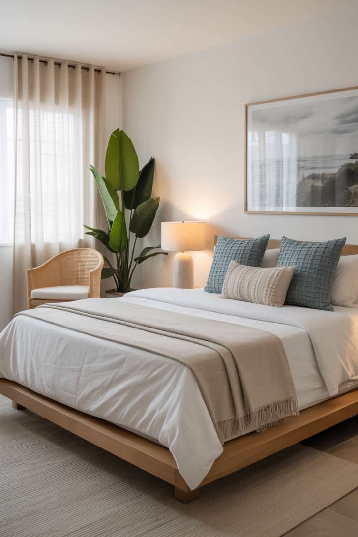 A light wood platform bed with white linens, blue and sand throw pillows, a rattan accent chair, an oversized leafy plant, and linen curtains filtering soft natural light
