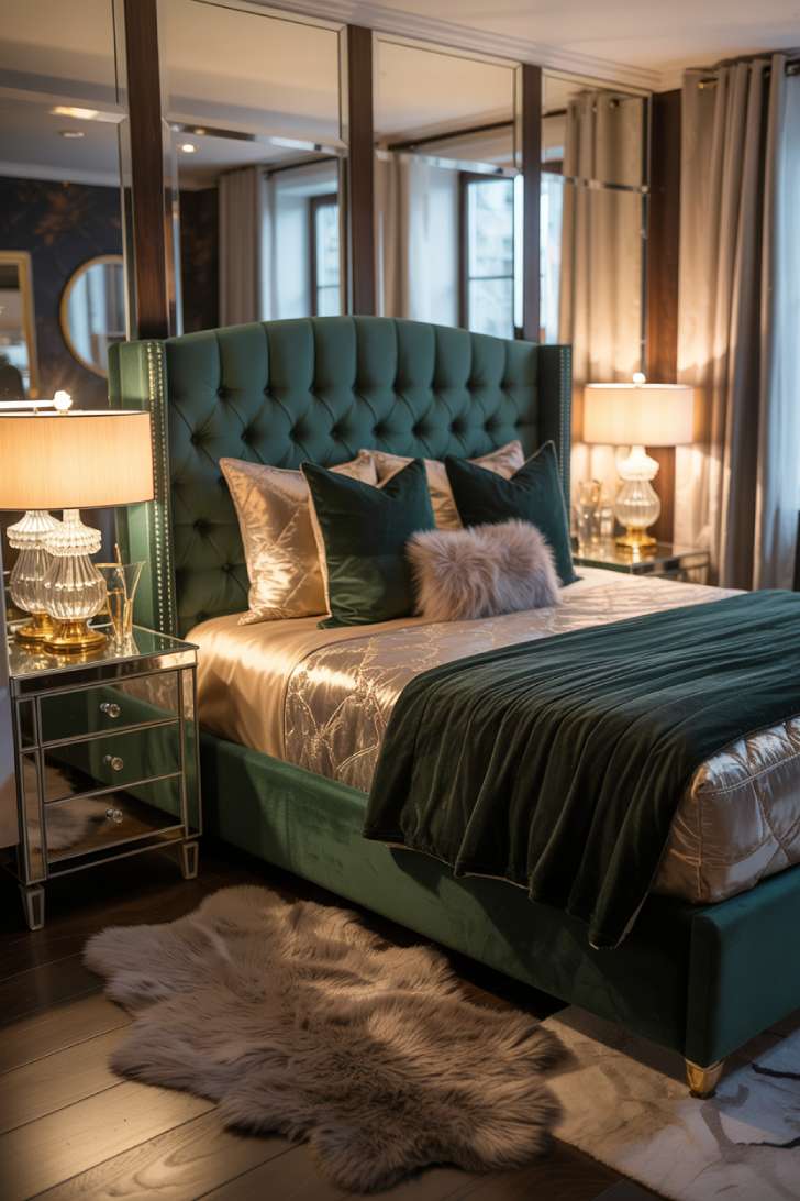 A tufted emerald velvet headboard with mirrored bedside tables, crystal lamps, gold-accented decor, layered velvet and silk bedding, and ambient mood lighting with sheer curtains