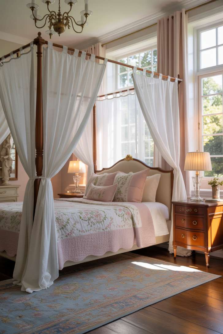 A four-poster bed draped in sheer white curtains with pastel embroidered bedding, antique wooden nightstands, a vintage chandelier, soft hardwood floors, and golden sunlight filtering through tall windows