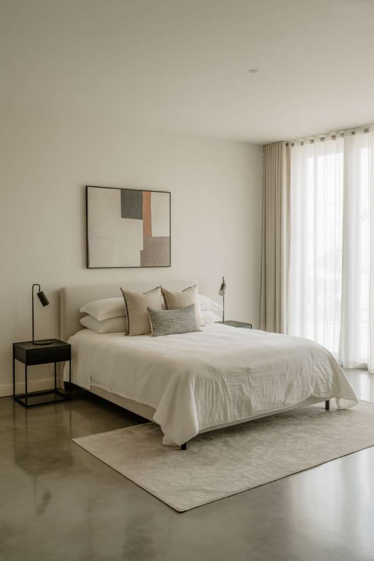 A low-profile bed with crisp white bedding, geometric accent pillows, black metal bedside tables, abstract wall art, a soft neutral rug on polished concrete floors, and floor-to-ceiling sheer curtains