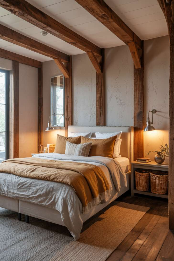 Exposed wooden ceiling beams above a linen-upholstered bed with layered earthy blankets, industrial-style bedside lamps, woven storage baskets, natural wood flooring, and textured walls bathed in soft window light