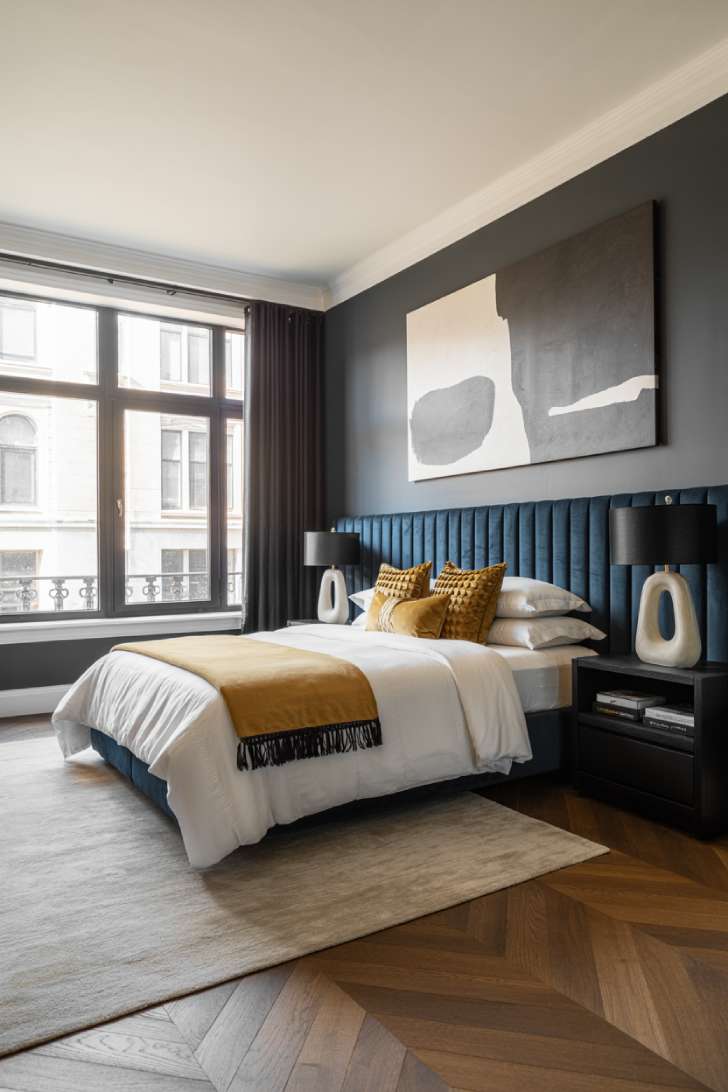A navy velvet headboard with white and gold-trimmed bedding, sleek black bedside tables, sculptural modern lamps, large abstract wall art, herringbone wood floors with a plush rug, and floor-to-ceiling blackout curtains