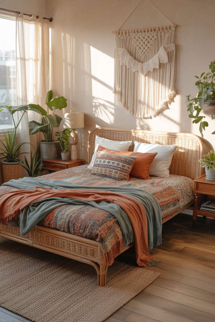 A rattan bed frame with colorful patterned bedding, layered throw pillows and blankets, a macramé wall hanging, vintage wooden side tables, potted plants throughout, and sunlight through sheer curtains on a natural rug