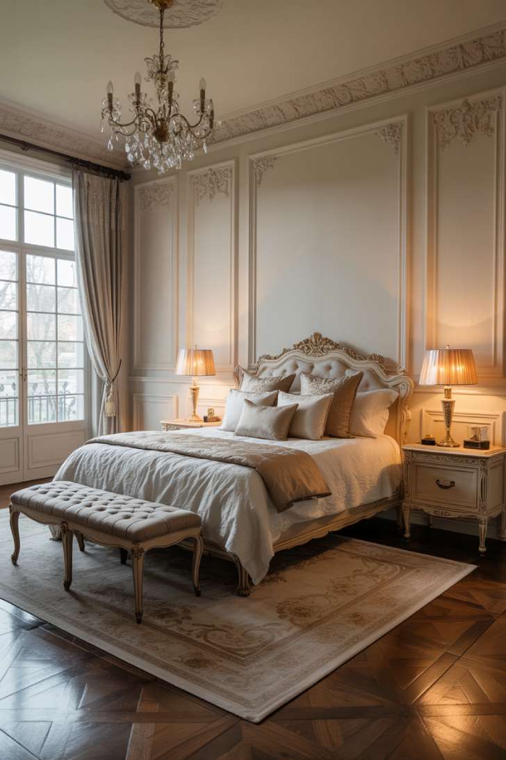 A carved wooden bed frame with neutral silk-accented bedding, matching brass-lamped nightstands, a tufted bench at the foot of the bed, ornate wall molding, an overhead chandelier, and polished hardwood floors with an area rug