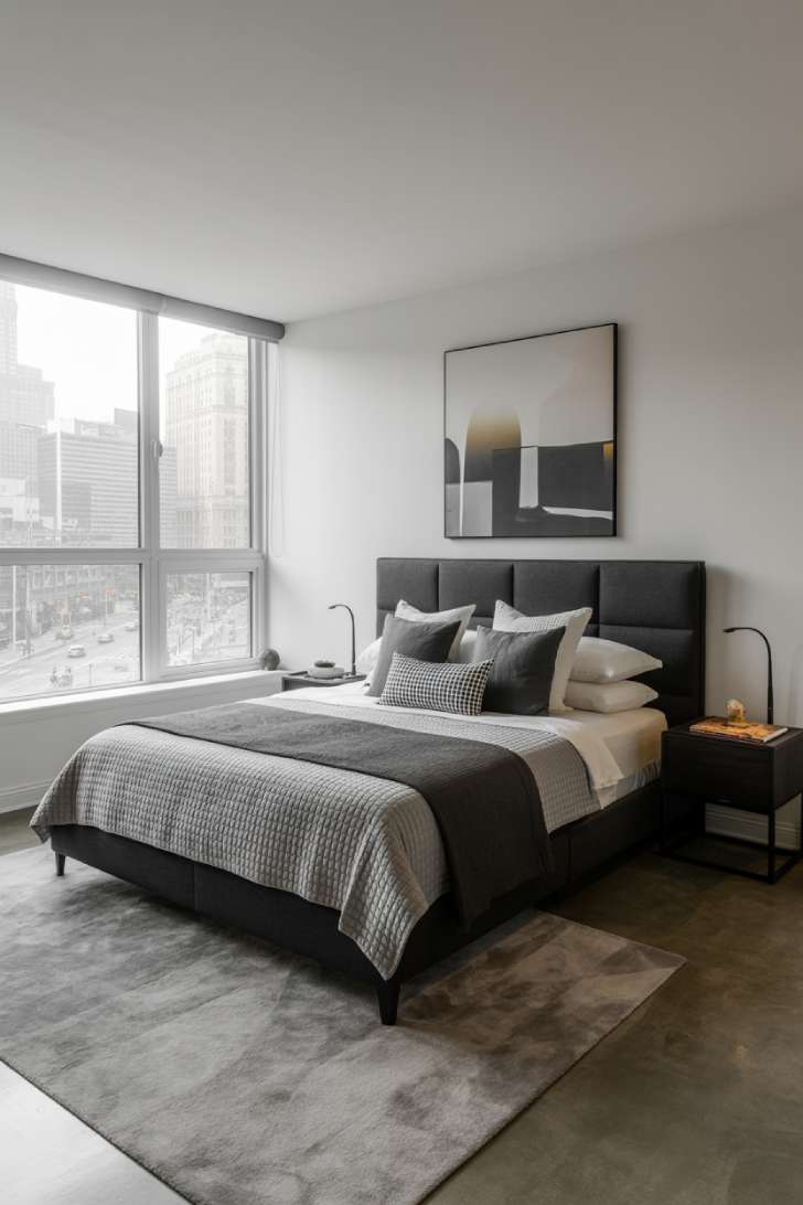 A charcoal upholstered bed with monochromatic layered bedding, black metal bedside tables, contemporary wall art, polished concrete floors, a plush grey rug, and large windows overlooking a cityscape with subtle ambient lighting