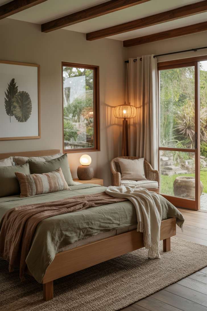 A wooden bed frame with muted green and brown linen bedding, woven rugs and natural fiber throws, a cozy reading nook with a wicker chair and floor lamp, large windows with a garden view, and soft natural light throughout
