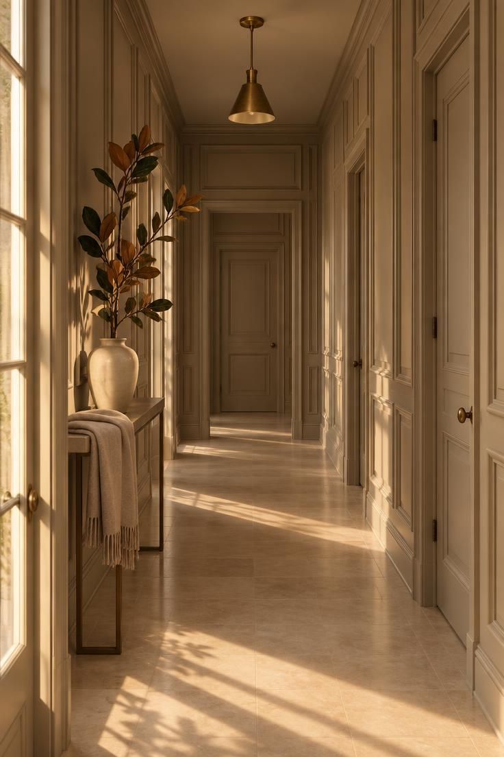 11 Warm Luxury Hallway Entrance Ideas for a Grand Arrival 1 A warm greige entry hall with full-height applied molding panels, brass pendant, and limestone floor.