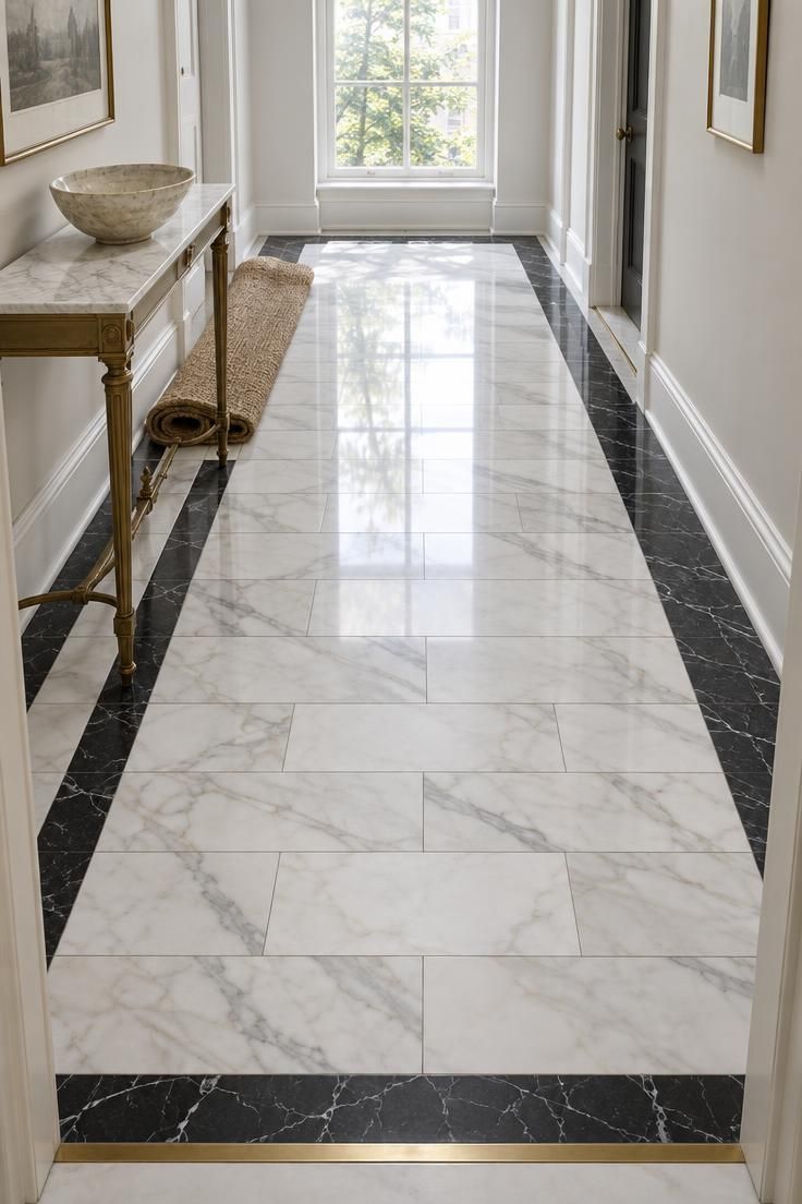 11 Warm Luxury Hallway Entrance Ideas for a Grand Arrival 2 A honed marble hallway floor with a dark border inlay framing a lighter Calacatta field.