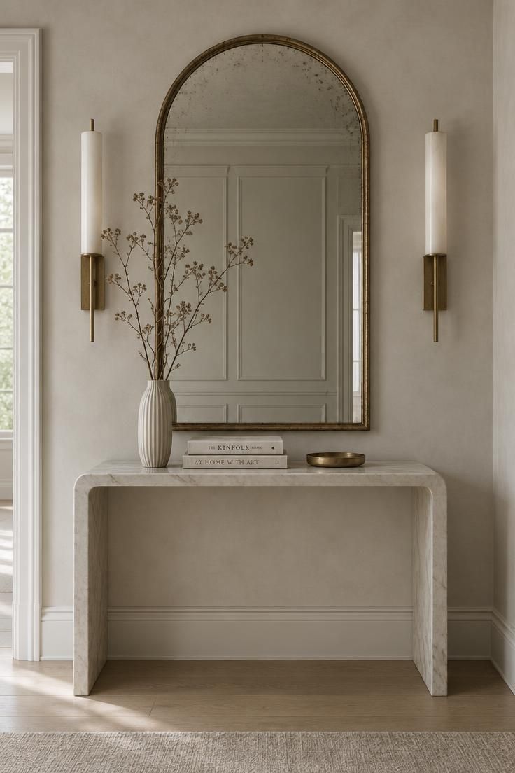 11 Warm Luxury Hallway Entrance Ideas for a Grand Arrival 3 A marble-top waterfall console with an arched antique mirror and two flanking sconces.