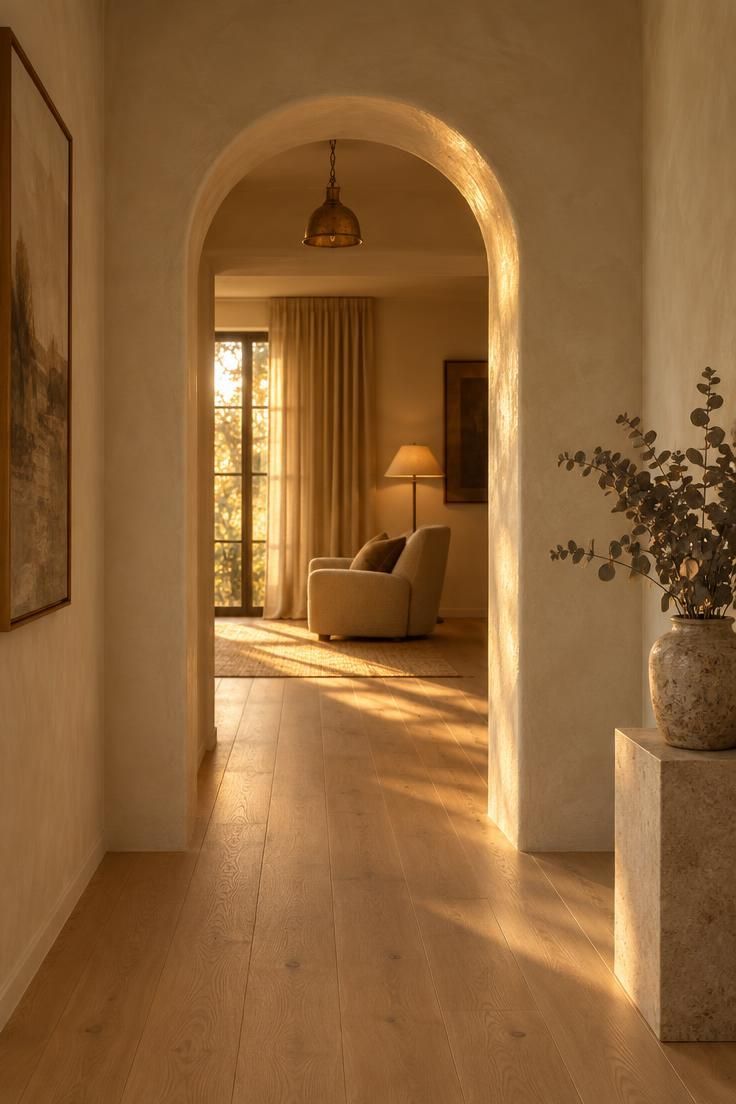 11 Warm Luxury Hallway Entrance Ideas for a Grand Arrival 4 A plaster arch at the end of a hallway with a small pendant and a warm-lit room beyond.
