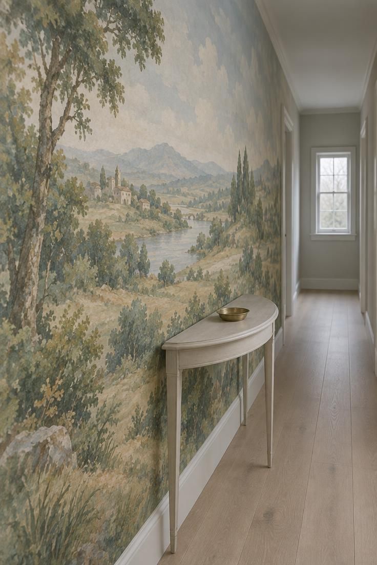 11 Warm Luxury Hallway Entrance Ideas for a Grand Arrival 5 A narrow hallway wall covered in a continuous pastoral mural with a slim demilune console below.