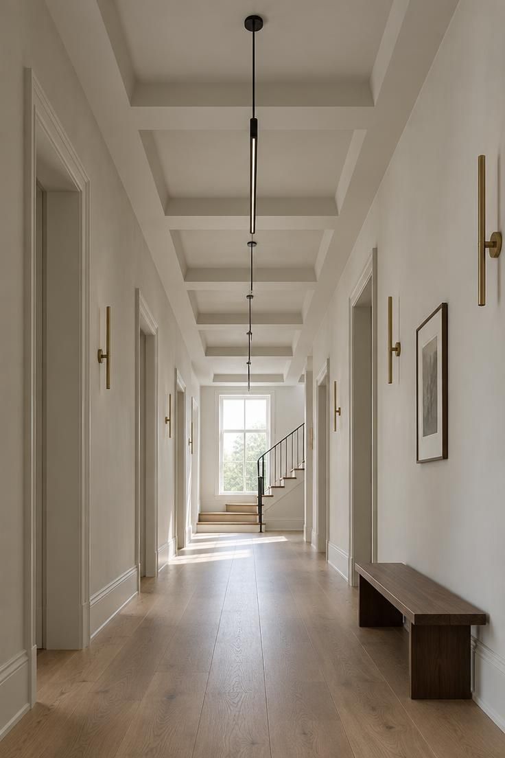 11 Warm Luxury Hallway Entrance Ideas for a Grand Arrival 6 A hallway ceiling with repeating painted coffers and a thin linear pendant running down the centerline.