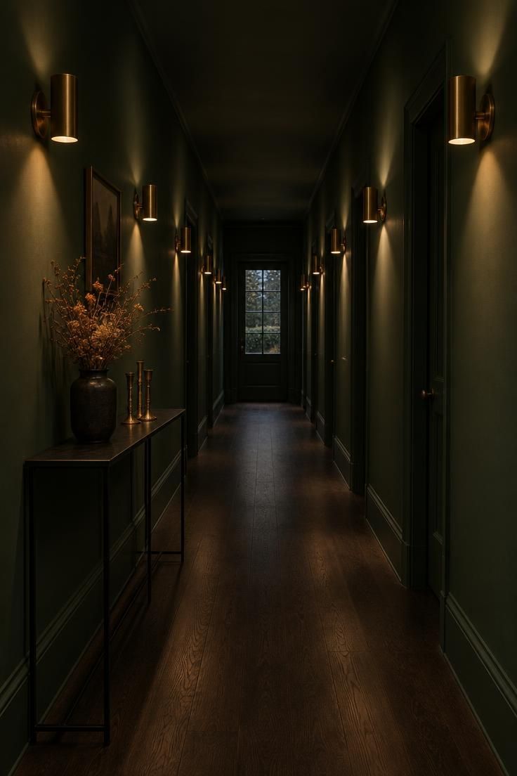 11 Warm Luxury Hallway Entrance Ideas for a Grand Arrival 7 A hallway with matte deep green walls, repeated brass sconces, and a dark-stained oak floor.