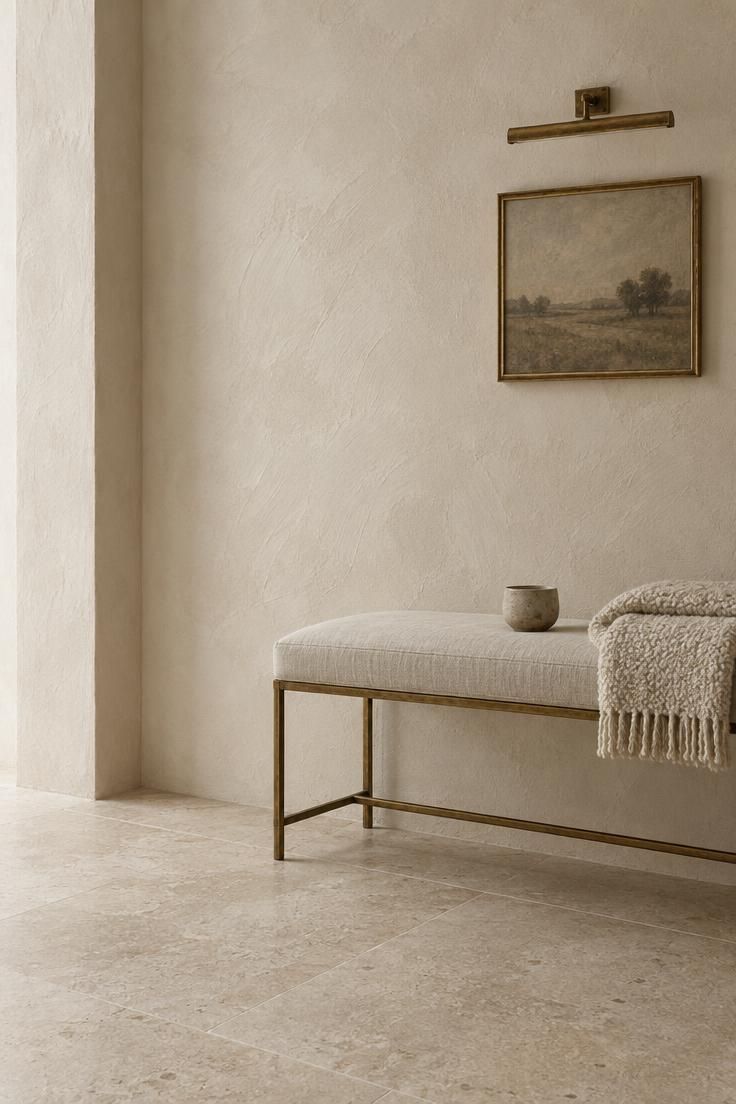 11 Warm Luxury Hallway Entrance Ideas for a Grand Arrival 8 An off-white plaster hallway with a linen bench, honed limestone floor, and no contrasting colors.