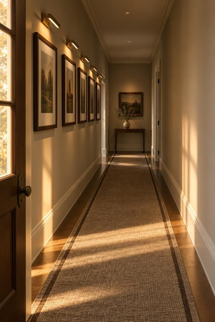 11 Warm Luxury Hallway Entrance Ideas for a Grand Arrival 9 A long hallway with five framed works, brass picture lights, and a bordered wool runner.