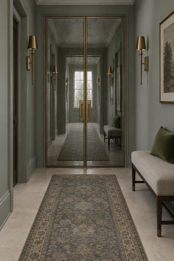 11 Warm Luxury Hallway Entrance Ideas for a Grand Arrival 10 A pair of antique mirrored panel doors at the end of a hallway reflecting sconces and a runner.