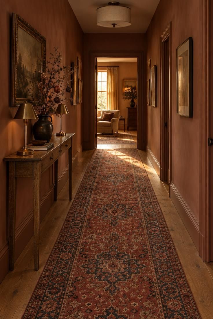 11 Warm Luxury Hallway Entrance Ideas for a Grand Arrival 11 A hallway anchored by a vintage Persian runner with walls painted in a tone drawn from the rug.